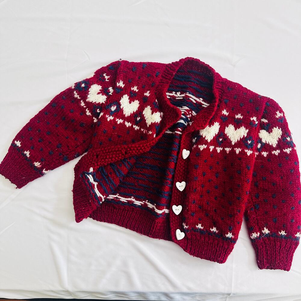 Vintage Hand Knit Heart Print Cottagecore Heart Button Down Cardigan Sz 2-3y